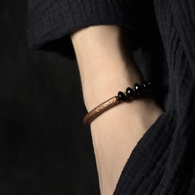 Bracelet en Obsidienne Noire Naturelle et Barre en Cuivre – Bijou Protecteur Fait Main, Style Vintage Unisexe
