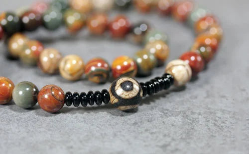 🌿 Bracelet double rang en bois fossilisé & perle DZI tibétaine – Bijou spirituel - Protection et prospérité unisexe 🌿