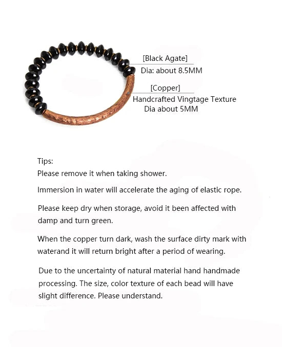 Bracelet en Obsidienne Noire Naturelle et Barre en Cuivre – Bijou Protecteur Fait Main, Style Vintage Unisexe
