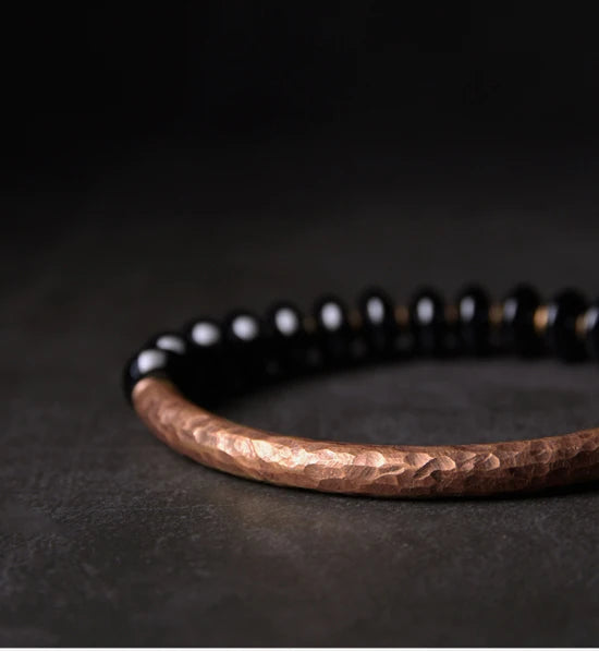 Bracelet en Obsidienne Noire Naturelle et Barre en Cuivre – Bijou Protecteur Fait Main, Style Vintage Unisexe