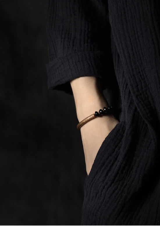 Bracelet en Obsidienne Noire Naturelle et Barre en Cuivre – Bijou Protecteur Fait Main, Style Vintage Unisexe