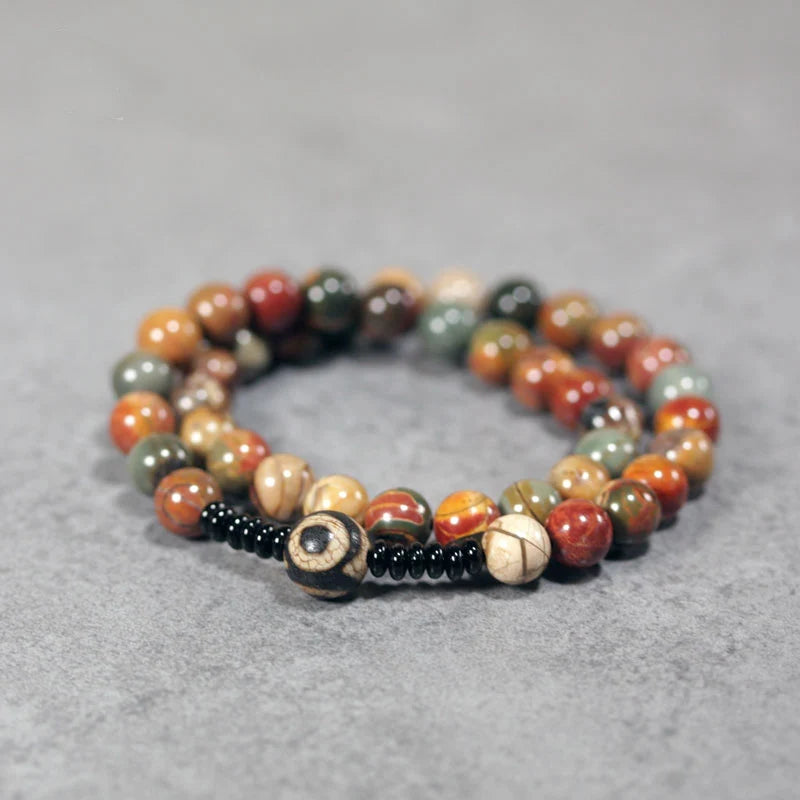 🌿 Bracelet double rang en bois fossilisé & perle DZI tibétaine – Bijou spirituel - Protection et prospérité unisexe 🌿