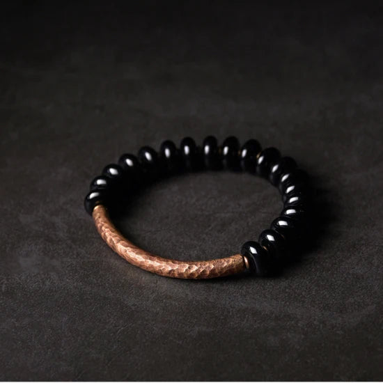 Bracelet en Obsidienne Noire Naturelle et Barre en Cuivre – Bijou Protecteur Fait Main, Style Vintage Unisexe