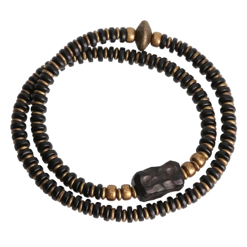 🌑 Bracelet multi-couches en bois d’ébène & cuivre vieilli – Bijou sculpté à la main unisexe 🌑
