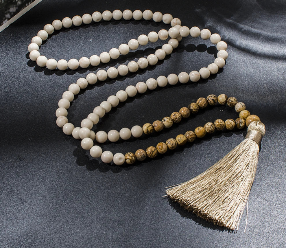 📿 Mala en perles naturelles 8 mm – Jaspe Paysage & perles ivoire (minéral) – Prière, méditation & énergie positive 📿