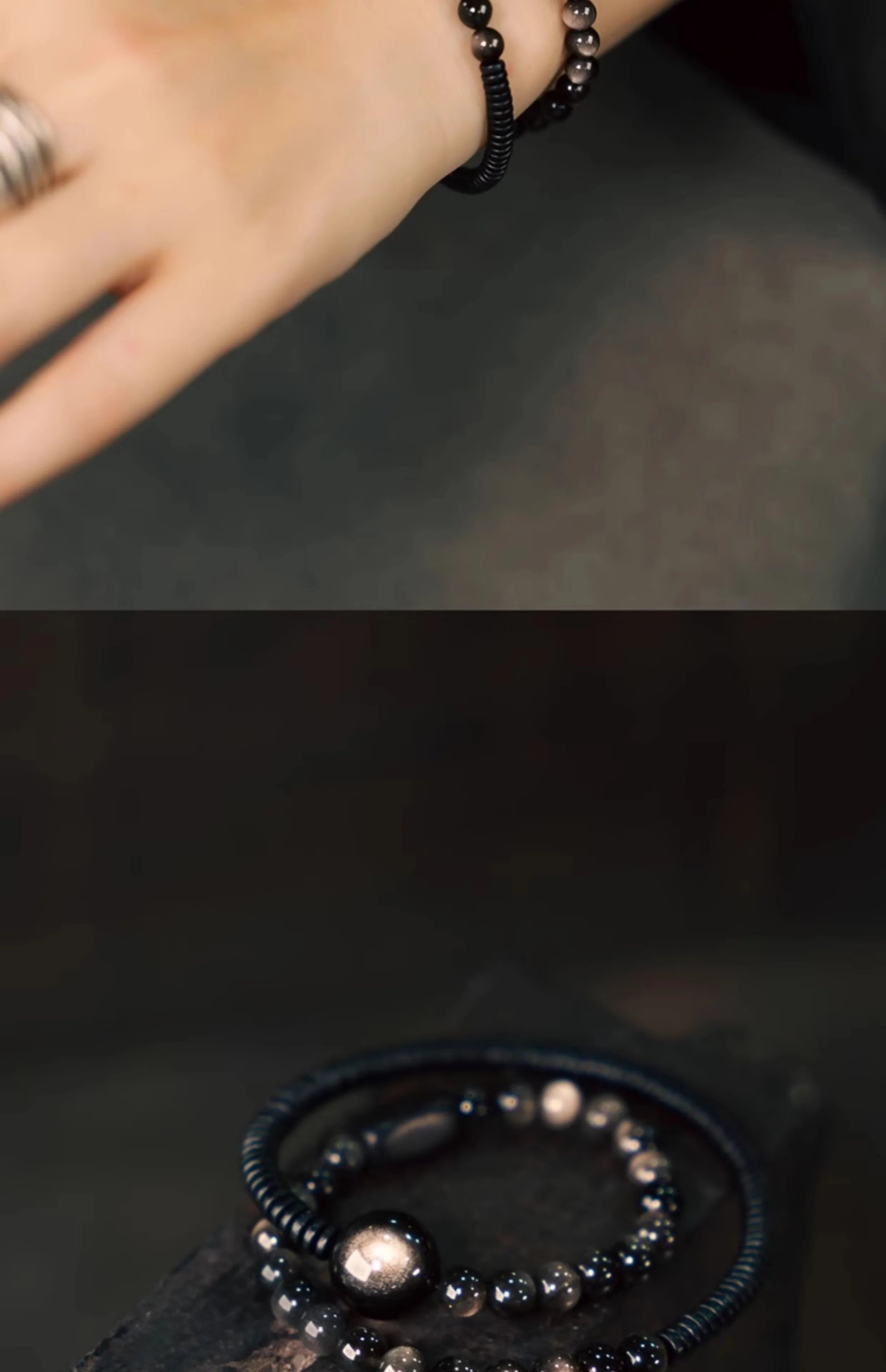 Bracelet Double Rang en Obsidienne Argentée et Bois Noir – Bijou Protecteur Fait Main, Style Vintage Unisexe