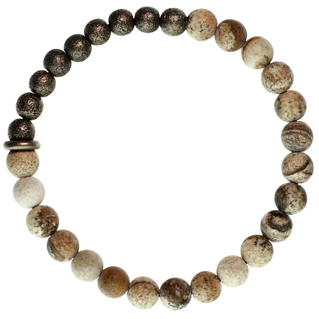 🌿 Bracelet en jaspe paysage & perle en laiton vieilli – Bijou artisanal unisexe 🌿