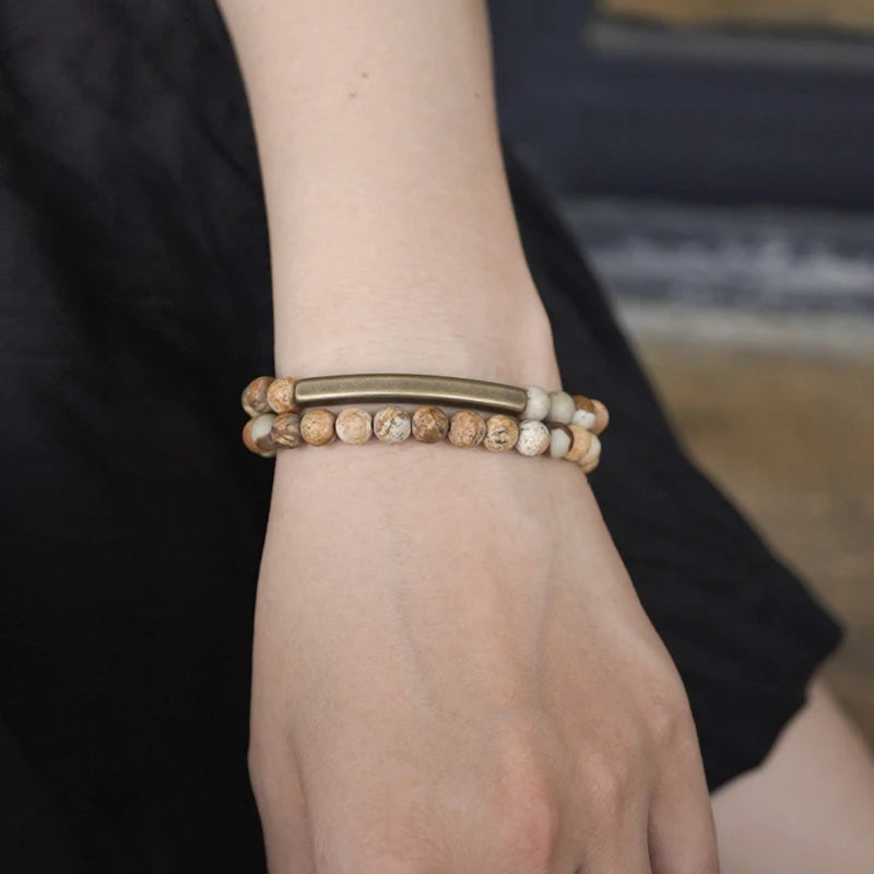 🌍 Bracelet double rang en Jaspe Paysage & barre en laiton – Bijou spirituel unisexe 🌍