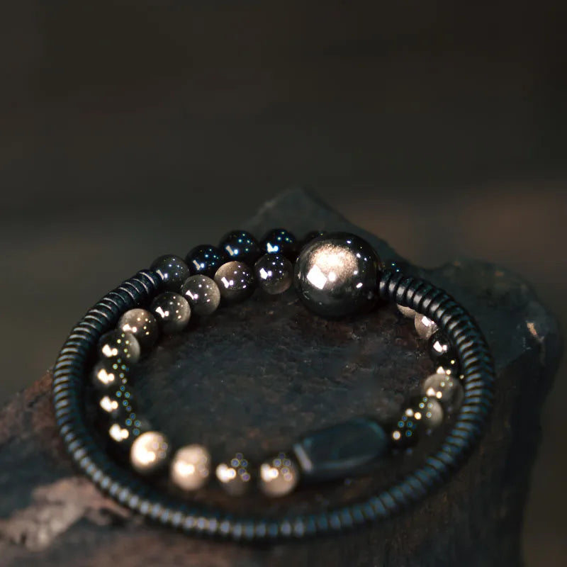 Bracelet Double Rang en Obsidienne Argentée et Bois Noir – Bijou Protecteur Fait Main, Style Vintage Unisexe