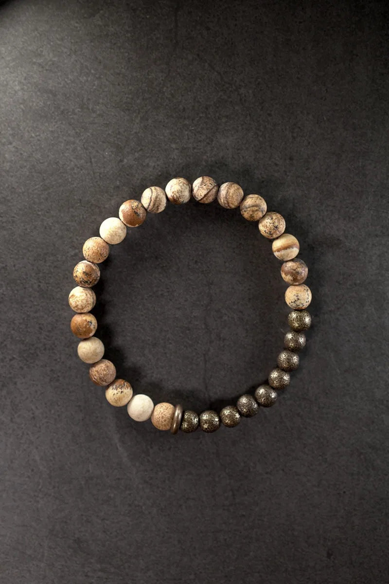 🌿 Bracelet en jaspe paysage & perle en laiton vieilli – Bijou artisanal unisexe 🌿
