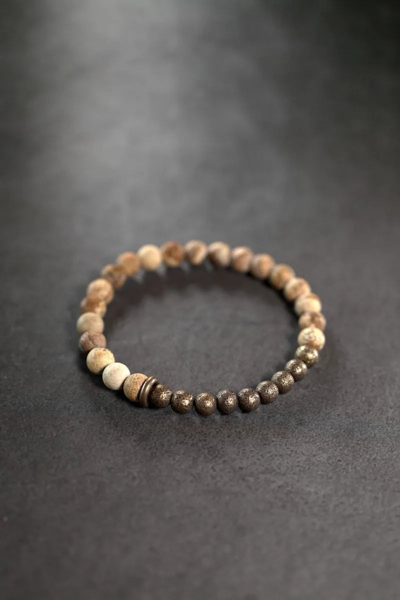 🌿 Bracelet en jaspe paysage & perle en laiton vieilli – Bijou artisanal unisexe 🌿