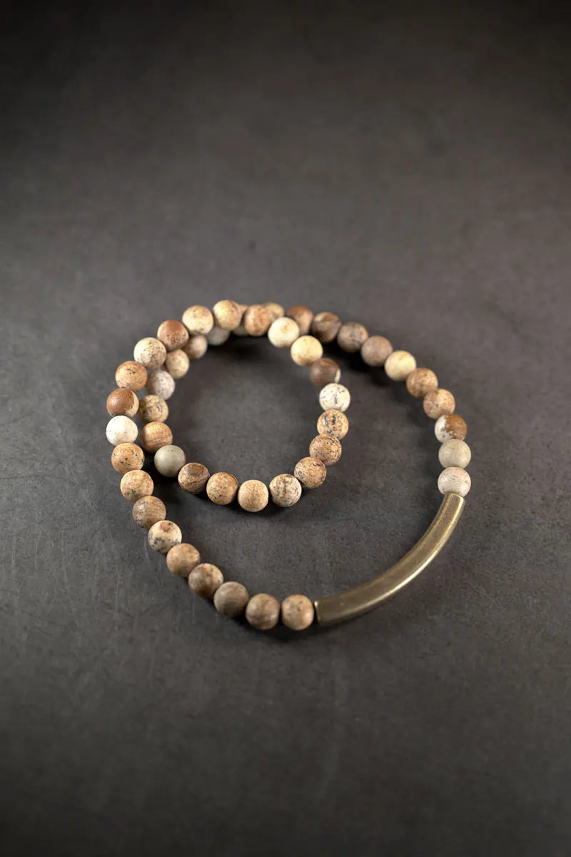 🌍 Bracelet double rang en Jaspe Paysage & barre en laiton – Bijou spirituel unisexe 🌍