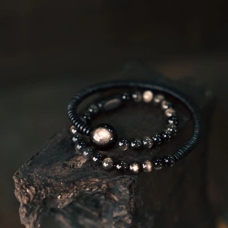 Bracelet Double Rang en Obsidienne Argentée et Bois Noir – Bijou Protecteur Fait Main, Style Vintage Unisexe