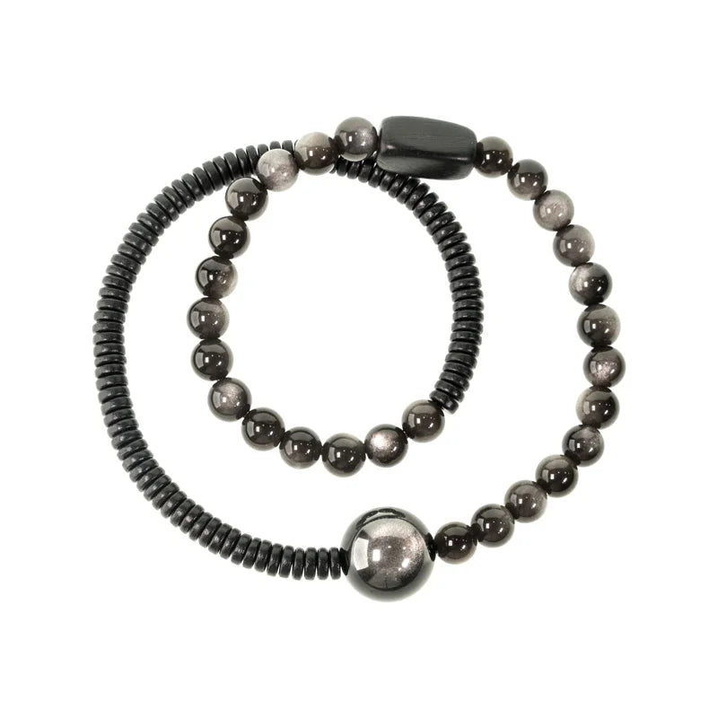 Bracelet Double Rang en Obsidienne Argentée et Bois Noir – Bijou Protecteur Fait Main, Style Vintage Unisexe