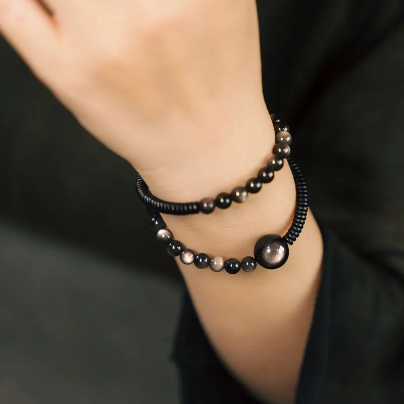 Bracelet Double Rang en Obsidienne Argentée et Bois Noir – Bijou Protecteur Fait Main, Style Vintage Unisexe