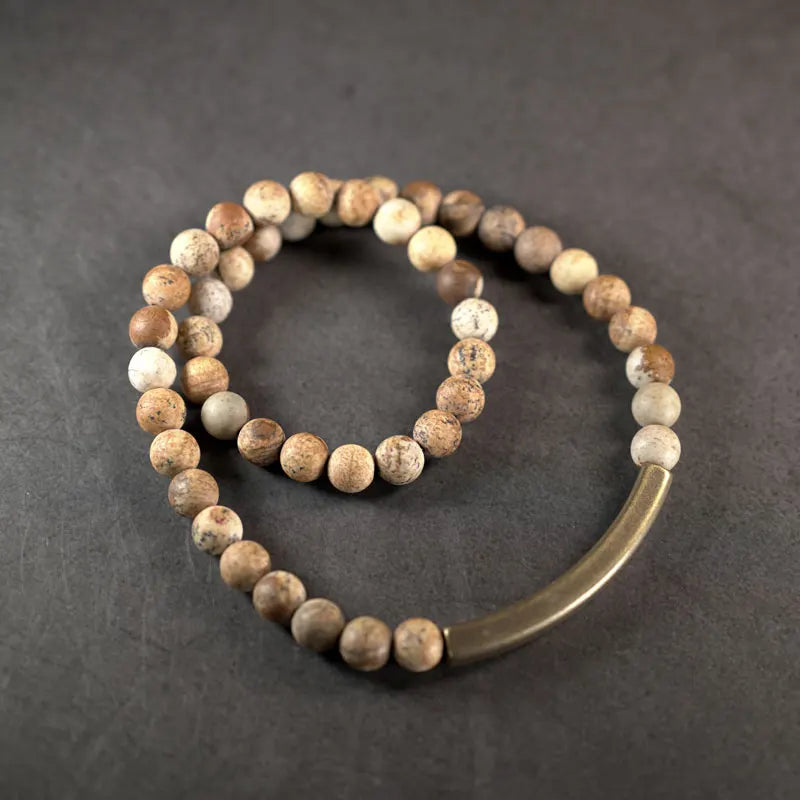 🌍 Bracelet double rang en Jaspe Paysage & barre en laiton – Bijou spirituel unisexe 🌍