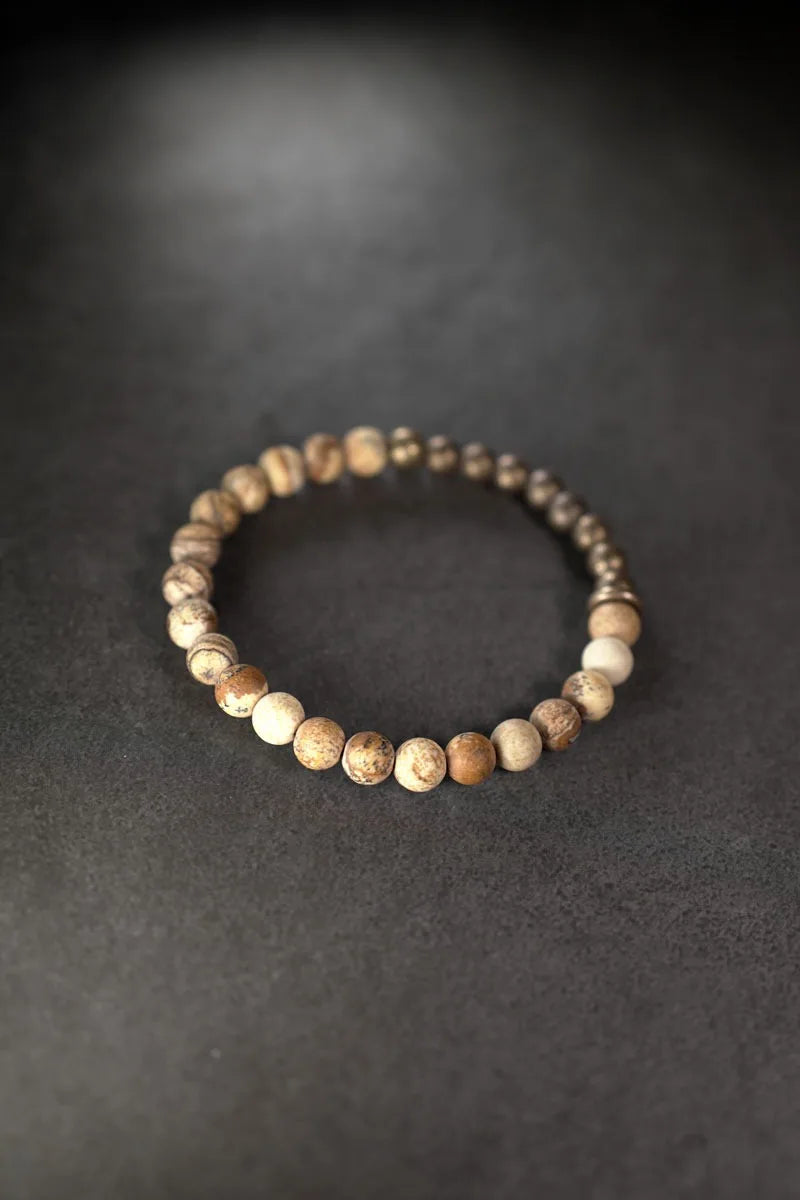 🌿 Bracelet en jaspe paysage & perle en laiton vieilli – Bijou artisanal unisexe 🌿
