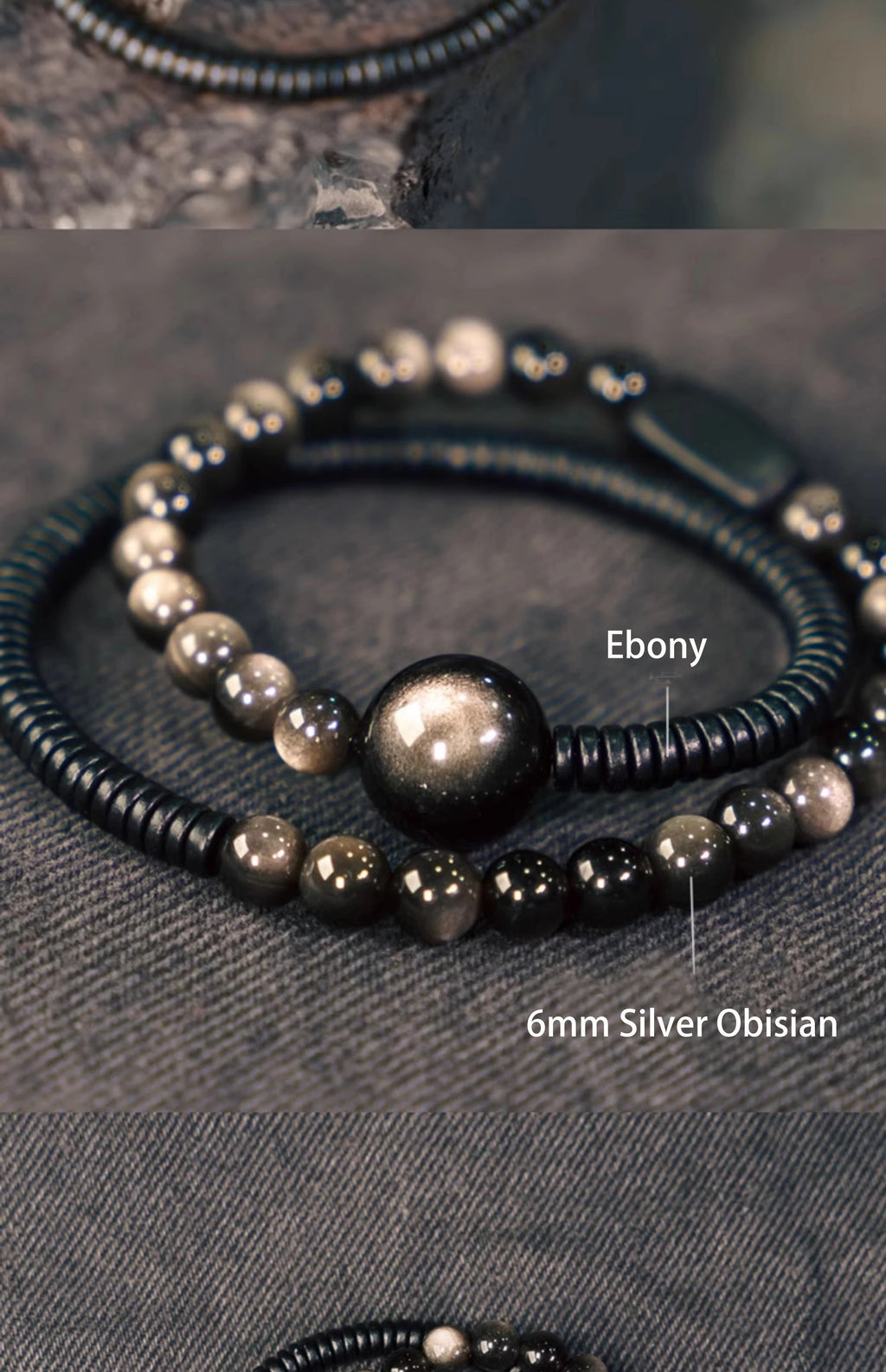 Bracelet Double Rang en Obsidienne Argentée et Bois Noir – Bijou Protecteur Fait Main, Style Vintage Unisexe