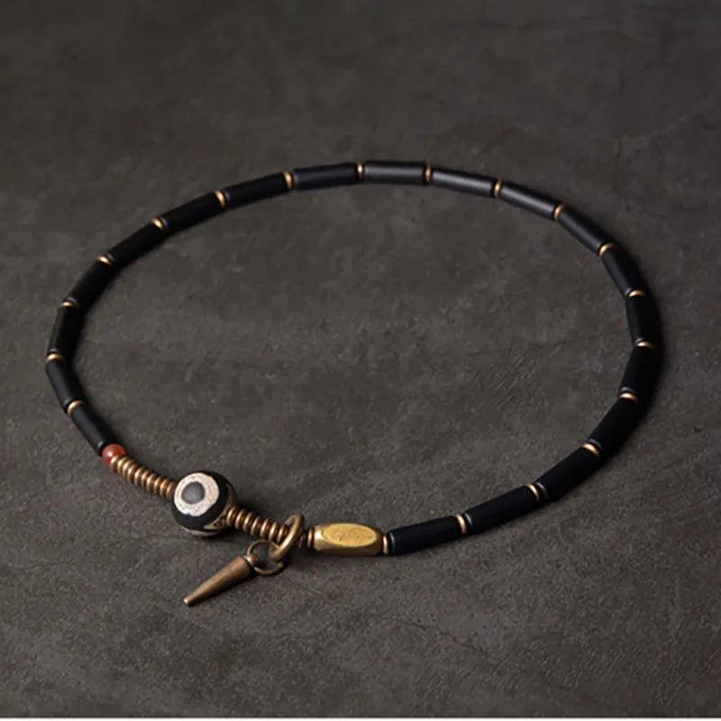 🌿 Bracelet tibétain double en Agate Noire – Cuivre Vintage & Perle DZI – Bijou zen protecteur unisexe 🌿