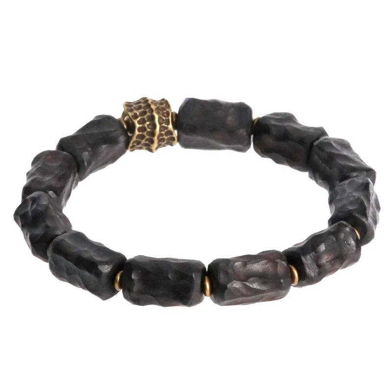 Bracelet Bois Noir Sculpté & Laiton Vintage – Bijou Artisanal Unisexe