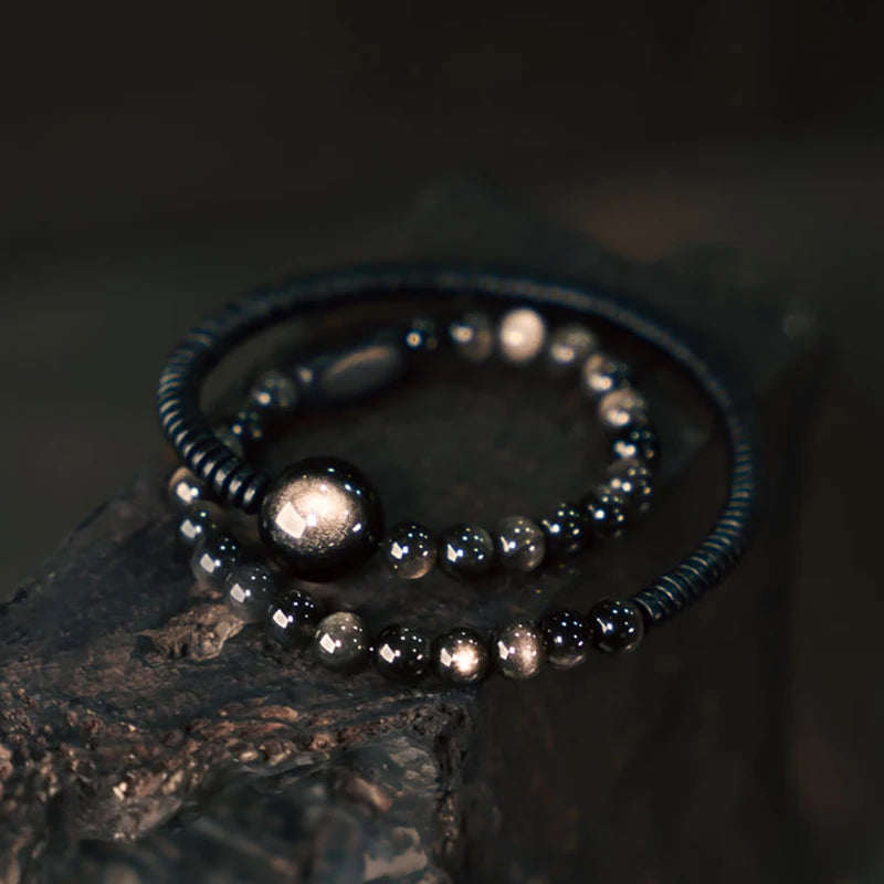 Bracelet Double Rang en Obsidienne Argentée et Bois Noir – Bijou Protecteur Fait Main, Style Vintage Unisexe