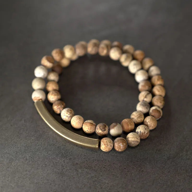 🌍 Bracelet double rang en Jaspe Paysage & barre en laiton – Bijou spirituel unisexe 🌍