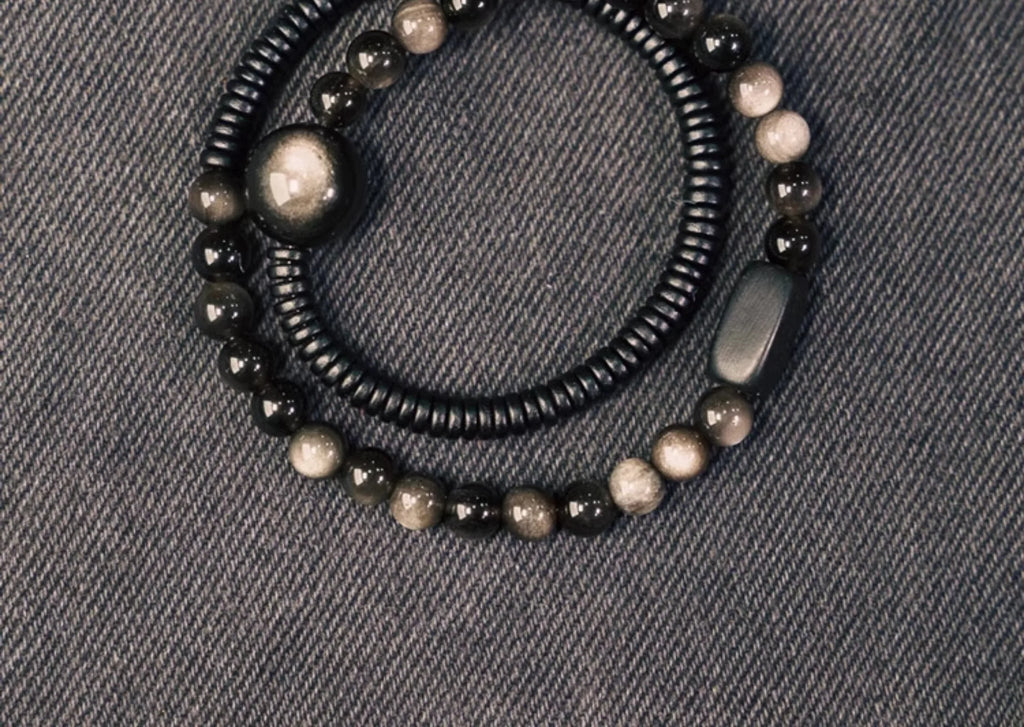 Bracelet Double Rang en Obsidienne Argentée et Bois Noir – Bijou Protecteur Fait Main, Style Vintage Unisexe