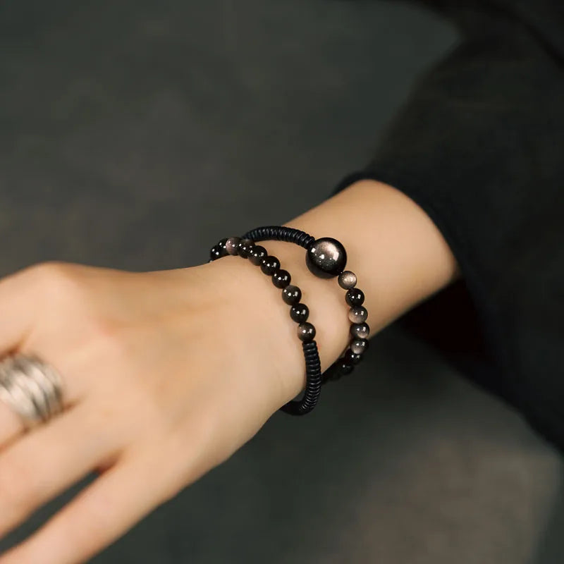 Bracelet Double Rang en Obsidienne Argentée et Bois Noir – Bijou Protecteur Fait Main, Style Vintage Unisexe