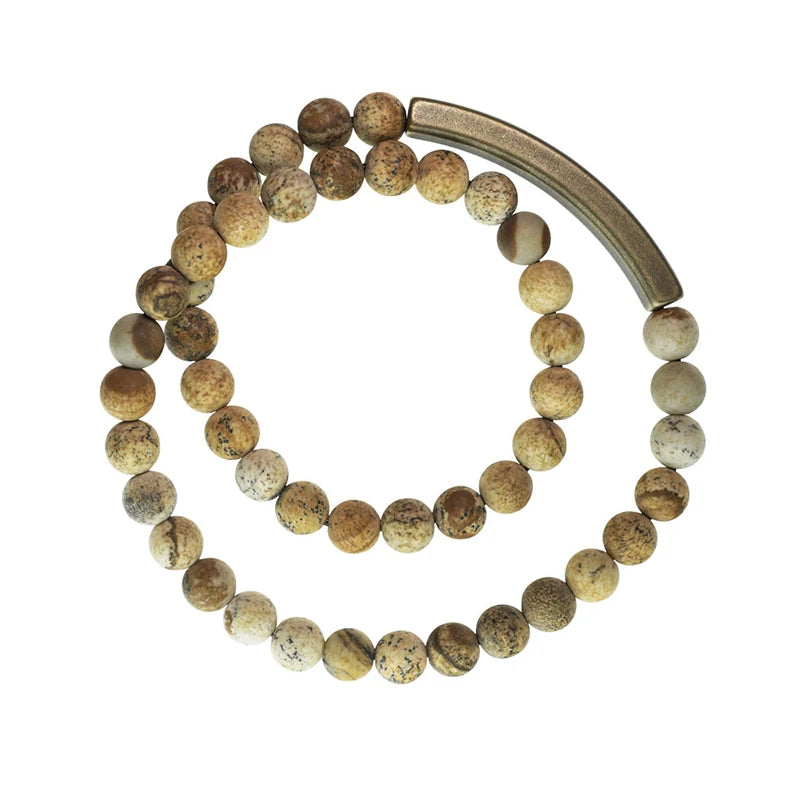 🌍 Bracelet double rang en Jaspe Paysage & barre en laiton – Bijou spirituel unisexe 🌍