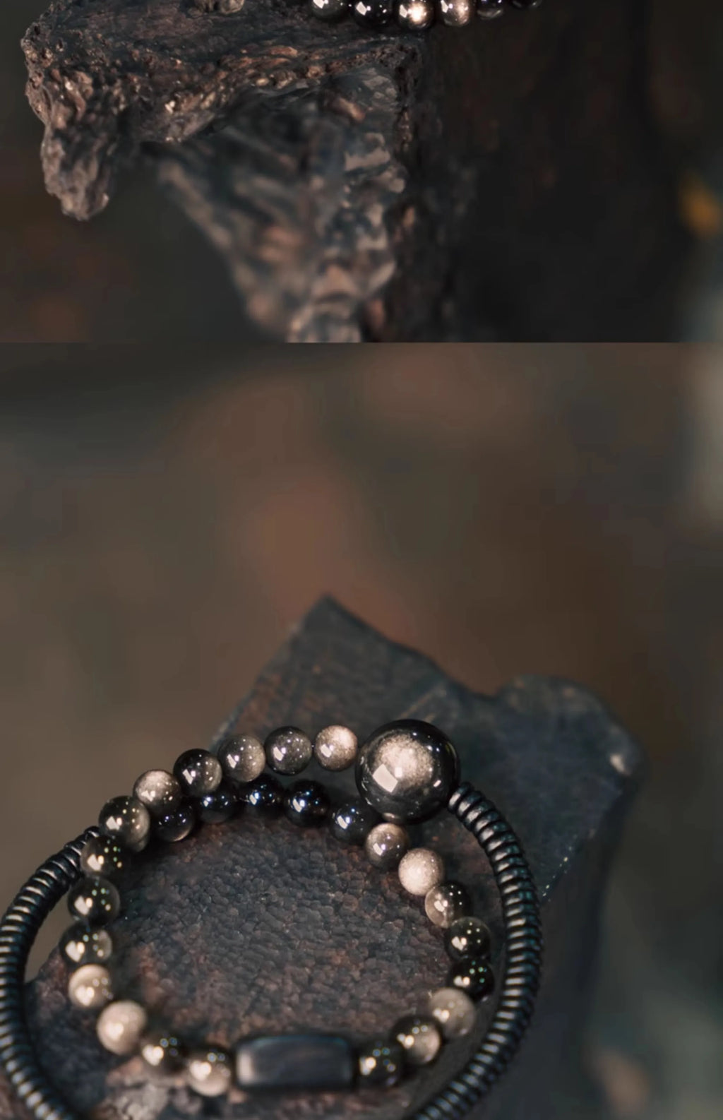 Bracelet Double Rang en Obsidienne Argentée et Bois Noir – Bijou Protecteur Fait Main, Style Vintage Unisexe