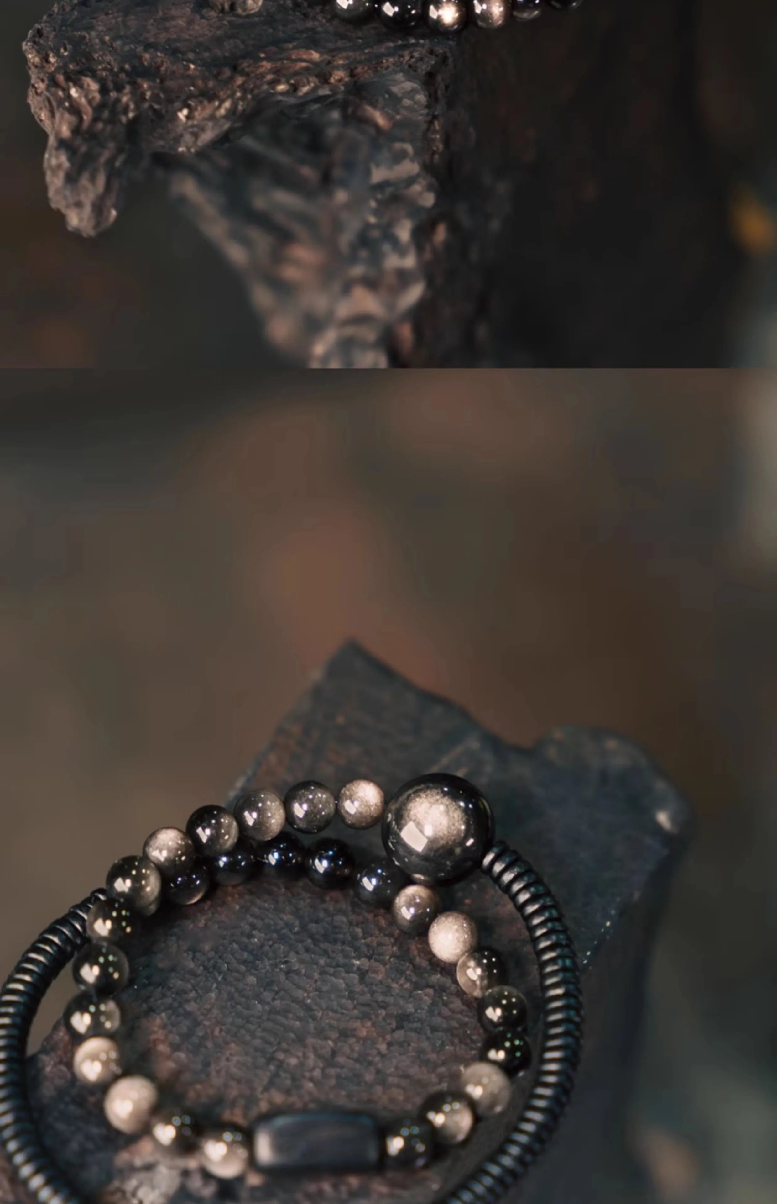 Bracelet Double Rang en Obsidienne Argentée et Bois Noir – Bijou Protecteur Fait Main, Style Vintage Unisexe