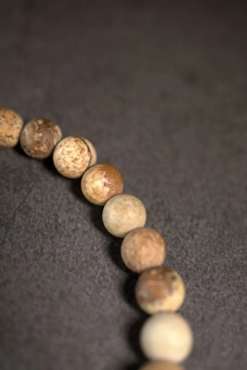 🌿 Bracelet en jaspe paysage & perle en laiton vieilli – Bijou artisanal unisexe 🌿