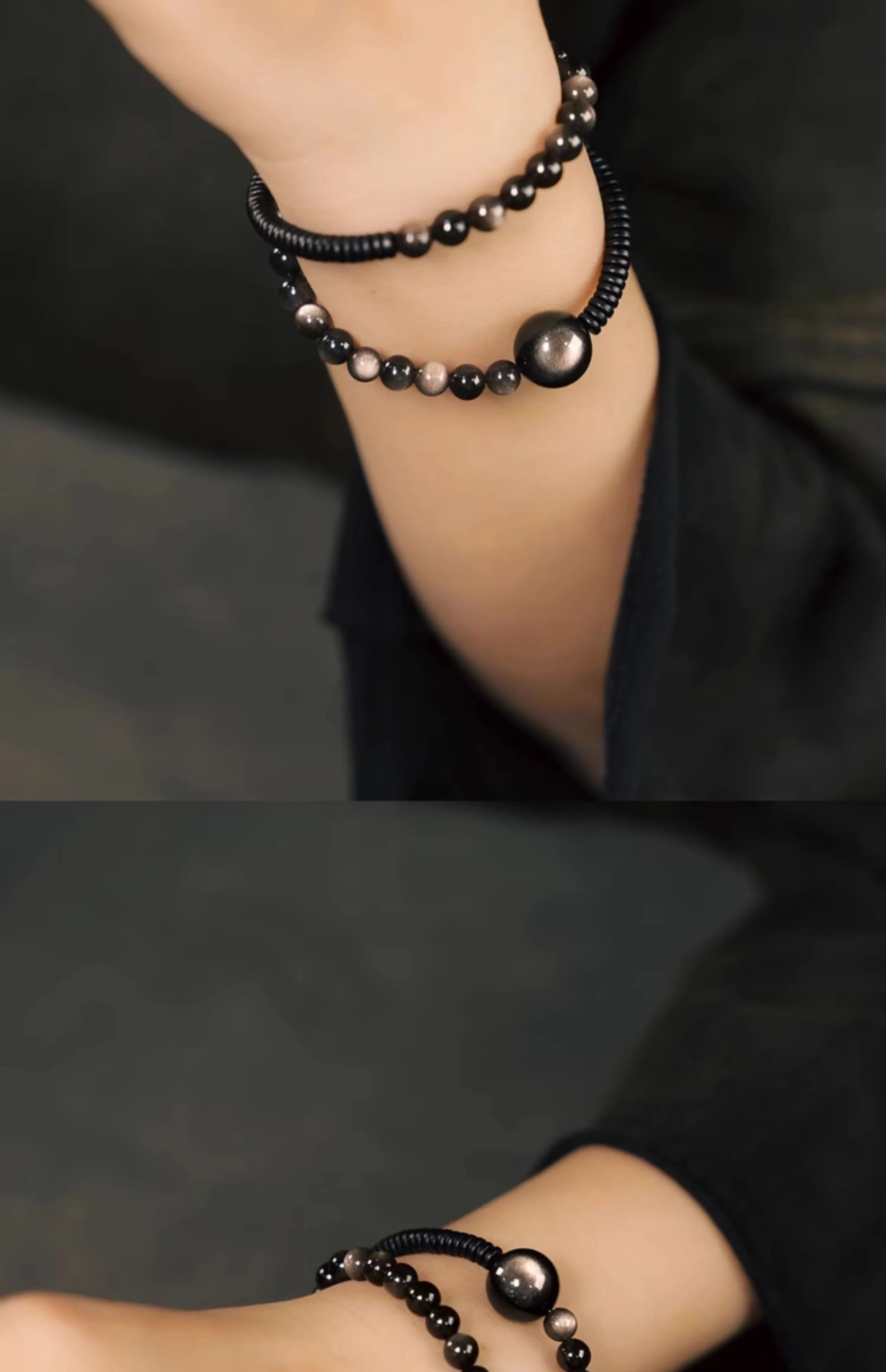 Bracelet Double Rang en Obsidienne Argentée et Bois Noir – Bijou Protecteur Fait Main, Style Vintage Unisexe