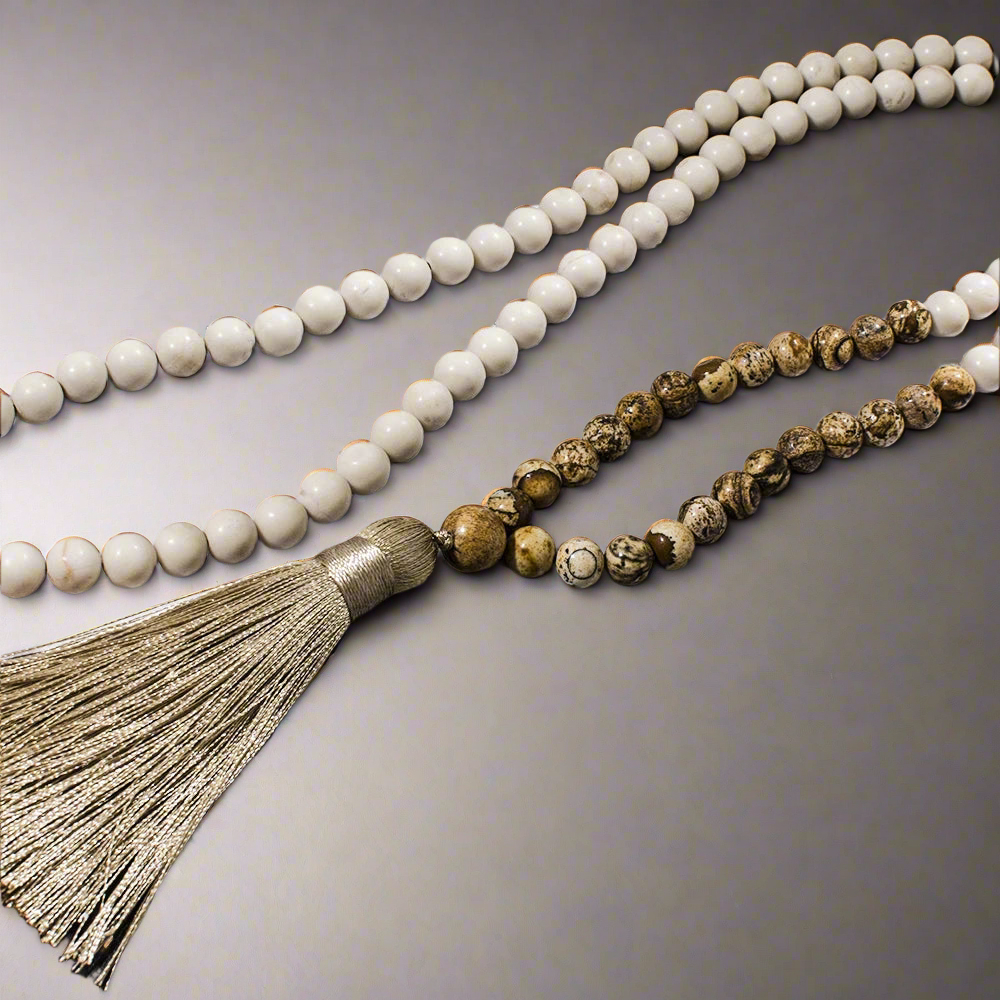 📿 Mala en perles naturelles 8 mm – Jaspe Paysage & perles ivoire (minéral) – Prière, méditation & énergie positive 📿