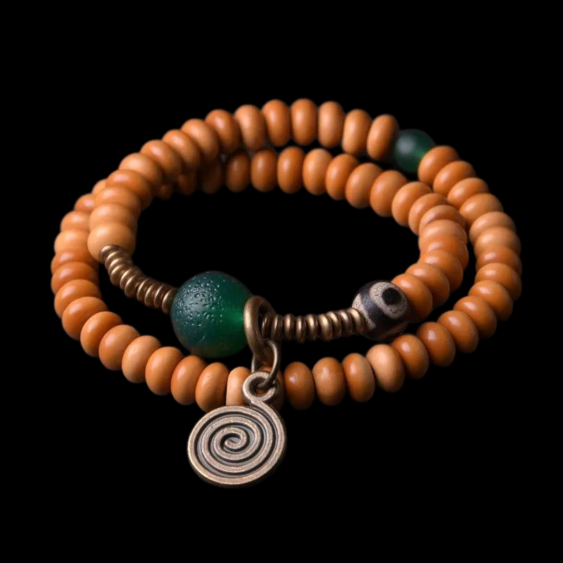 🌿 Bracelet double rang en noyau d’olive & grande perle en onyx vert – Perle Œil de Bouddha tibétain DZI – Bijou unisexe protecteur 🌿