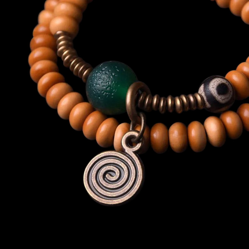 🌿 Bracelet double rang en noyau d’olive & grande perle en onyx vert – Perle Œil de Bouddha tibétain DZI – Bijou unisexe protecteur 🌿