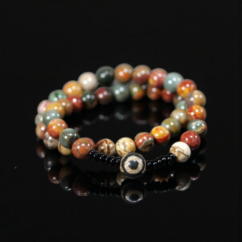 🌿 Bracelet double rang en bois fossilisé & perle DZI tibétaine – Bijou spirituel - Protection et prospérité unisexe 🌿