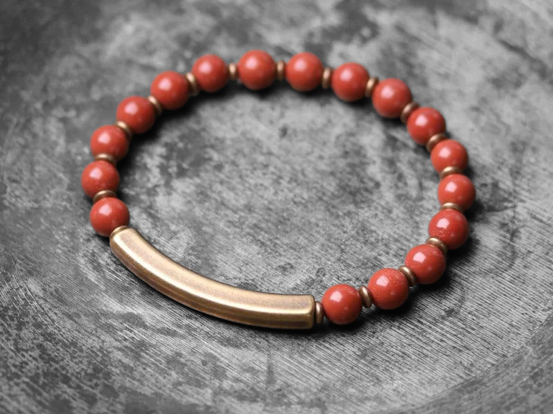 🌟 Bracelet en Jaspe Rouge, Jade Verte ou Obsidienne Noire – Barre en Laiton – Bijou artisanal unisexe 🌟