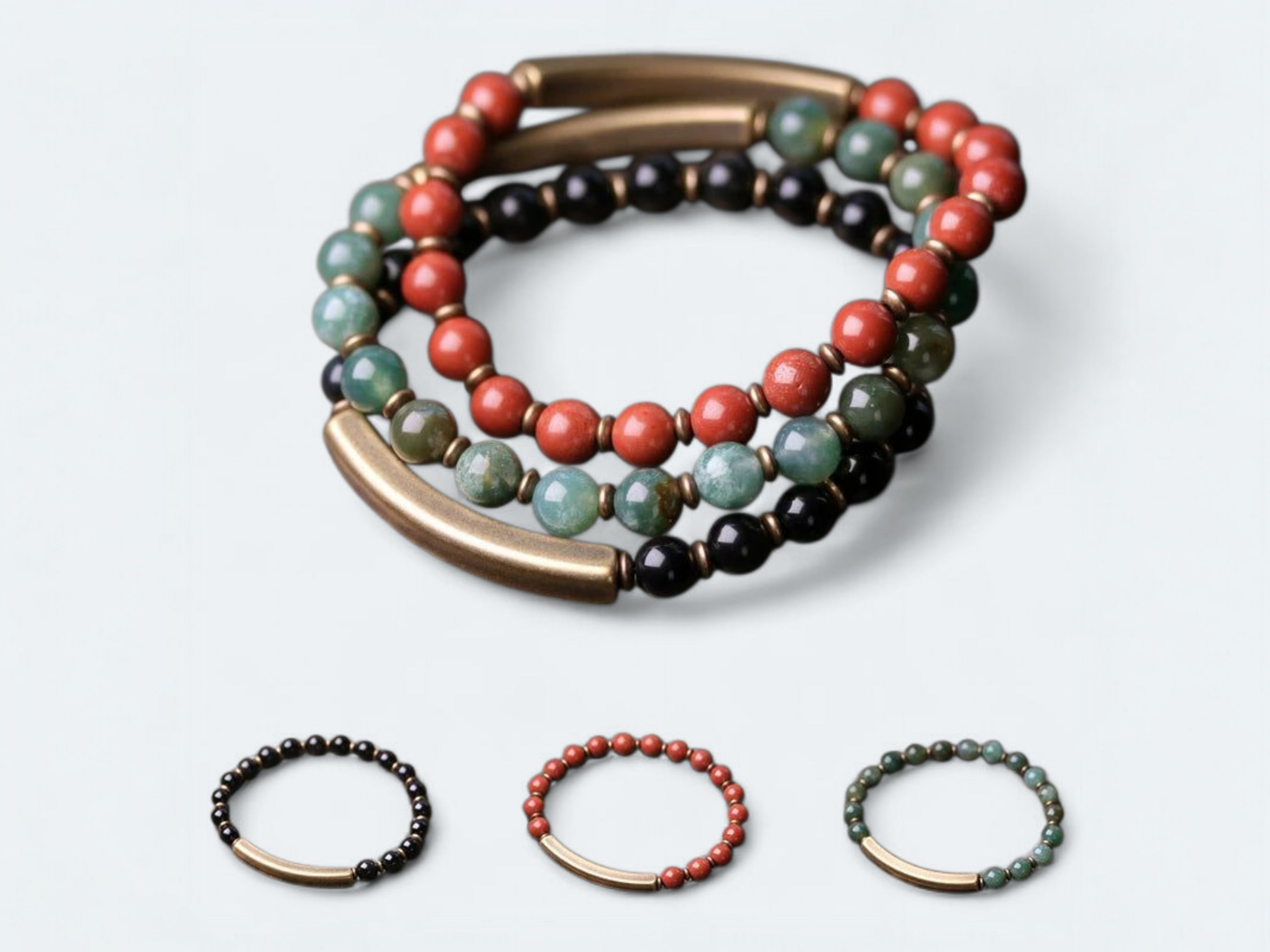 🌟 Bracelet en Jaspe Rouge, Jade Verte ou Obsidienne Noire – Barre en Laiton – Bijou artisanal unisexe 🌟