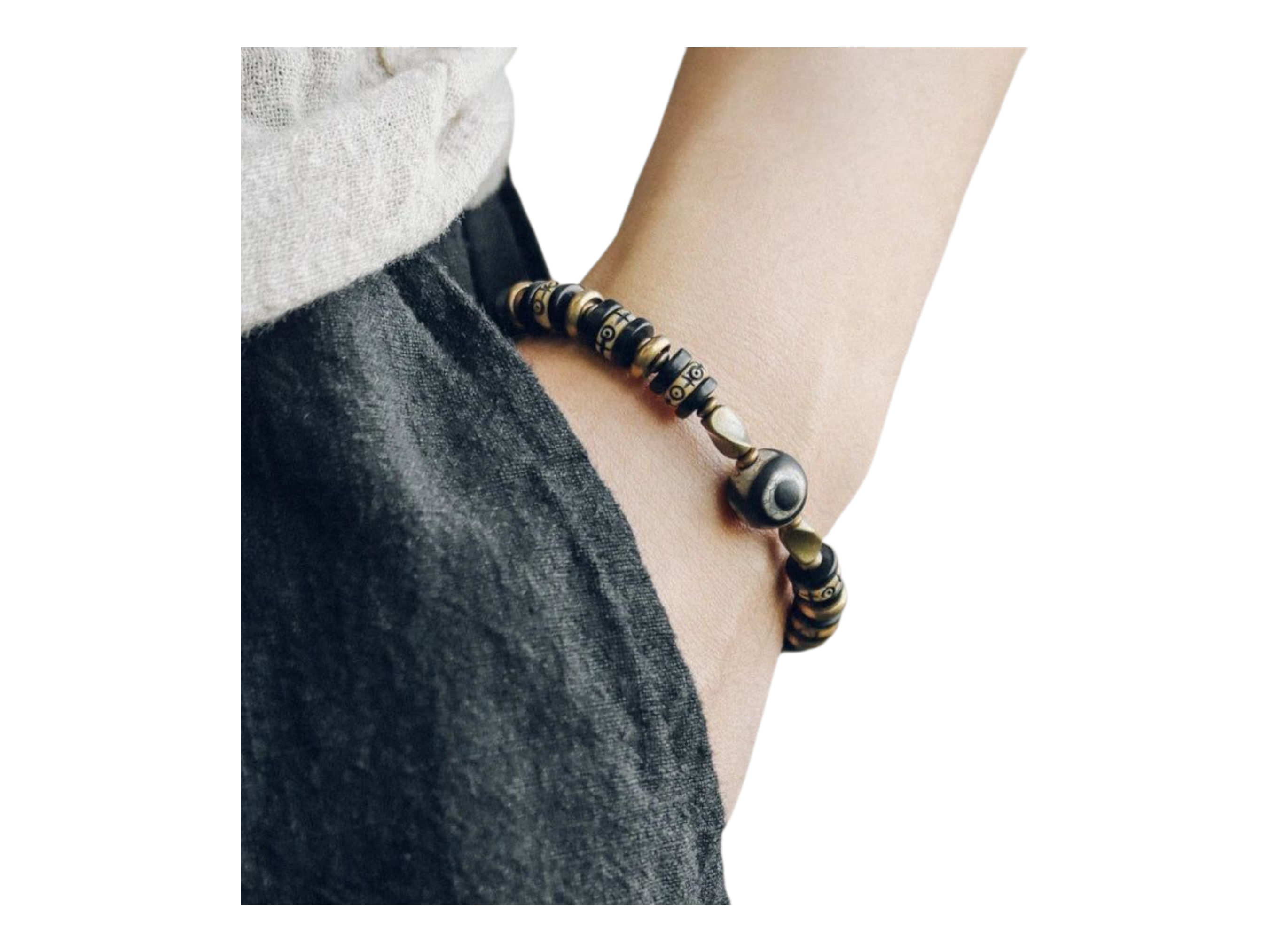 🤍 Bracelet en os de yak sculpté & bois d’ébène – Perle DZI tibétaine Œil protection et abondance – Bijou artisanal spirituel unisexe 🤍