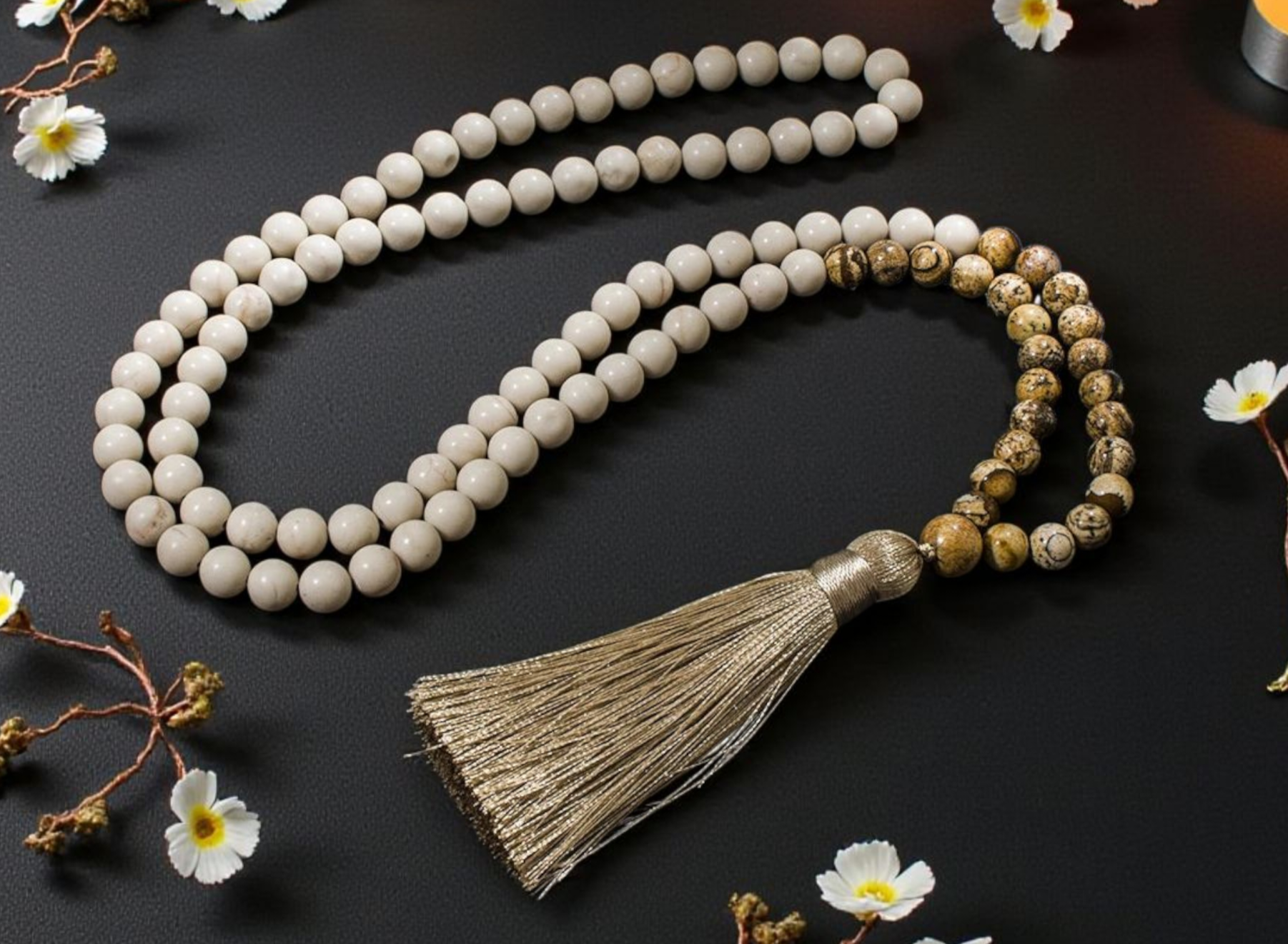 📿 Mala en perles naturelles 8 mm – Jaspe Paysage & perles ivoire (minéral) – Prière, méditation & énergie positive 📿