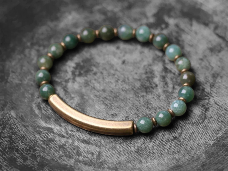 🌟 Bracelet en Jaspe Rouge, Jade Verte ou Obsidienne Noire – Barre en Laiton – Bijou artisanal unisexe 🌟