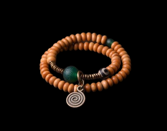 🌿 Bracelet double rang en noyau d’olive & grande perle en onyx vert – Perle Œil de Bouddha tibétain DZI – Bijou unisexe protecteur 🌿