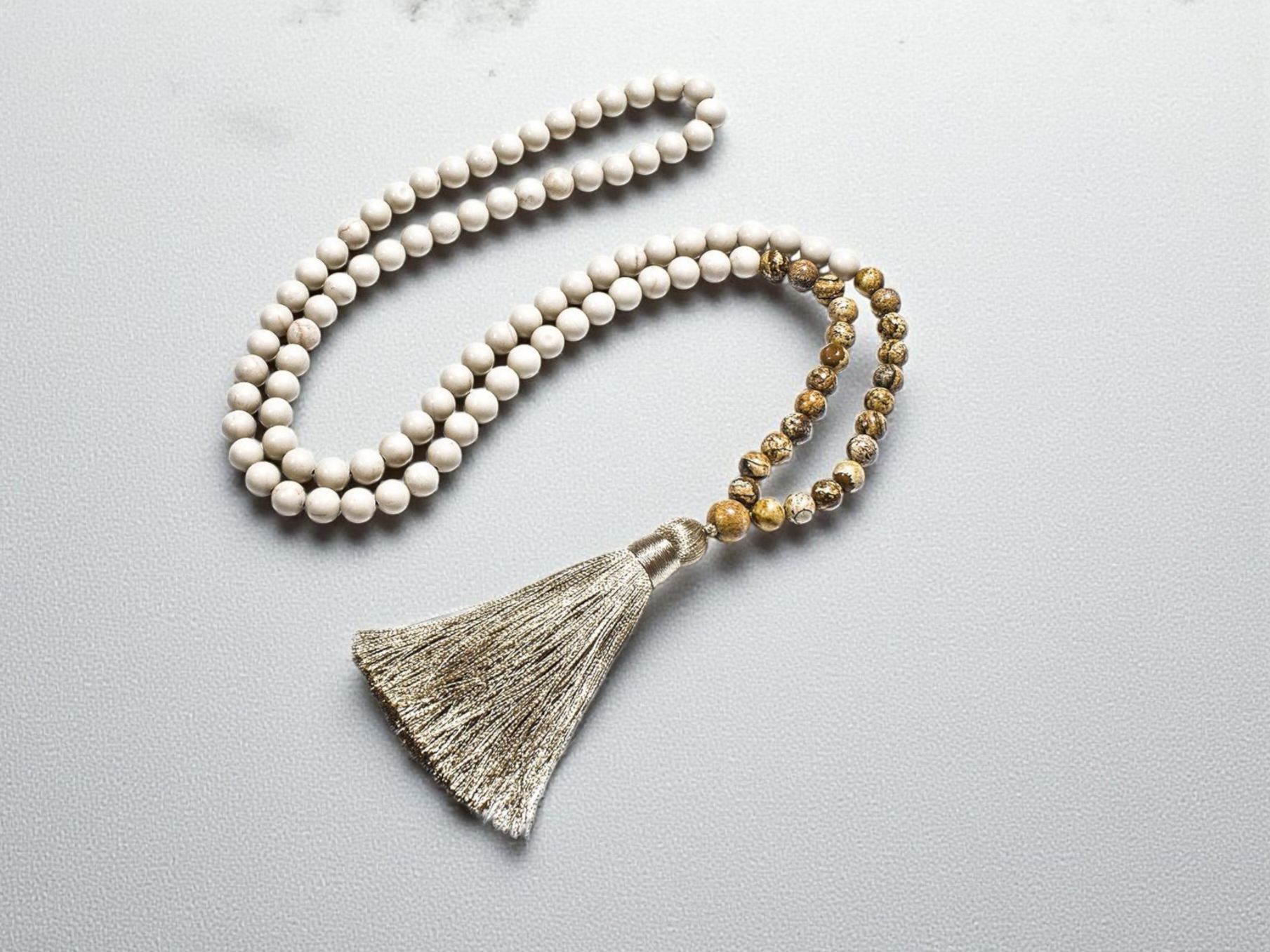 📿 Mala en perles naturelles 8 mm – Jaspe Paysage & perles ivoire (minéral) – Prière, méditation & énergie positive 📿