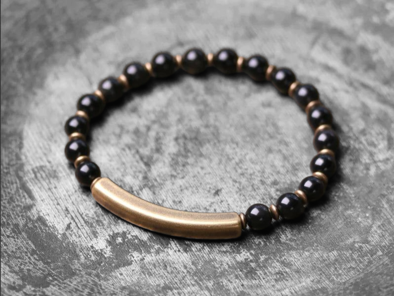 🌟 Bracelet en Jaspe Rouge, Jade Verte ou Obsidienne Noire – Barre en Laiton – Bijou artisanal unisexe 🌟